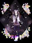  1girl akemi_homura argyle argyle_legwear black_background black_hair english feathered_wings highres long_hair looking_at_viewer magical_girl mahou_shoujo_madoka_magica mahou_shoujo_madoka_magica_movie off_shoulder open_mouth pantyhose solo text violet_eyes wings 