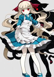  1girl blonde_hair dark_persona dress dual_persona frills fumiko_(miruyuana) highres kagerou_project kozakura_mary long_hair looking_at_viewer red_eyes shadow spoilers 