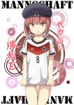  1girl alternate_costume brown_eyes brown_hair hat highres kantai_collection looking_at_viewer open_mouth sailor_hat short_hair soccer solo sportswear tagme translation_request ukami world_cup z3_max_schultz_(kantai_collection) 
