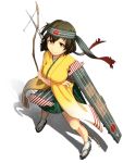  1girl archery asymmetrical_hair bow_(weapon) breasts brown_eyes brown_hair flight_deck from_above geta headband hiryuu_(kantai_collection) japanese_clothes kantai_collection kyuudou personification radio_antenna short_hair side_ponytail single_glove skirt smile standing weapon yugake 