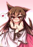  1girl animal_ears blush breasts brooch brown_hair cleavage dress fang fang_out frilled_sleeves frills heart highres imaizumi_kagerou jewelry karasuma_amiru large_breasts long_hair long_sleeves looking_at_viewer red_eyes red_skirt skirt solo spoken_heart tail touhou wolf_ears wolf_tail 