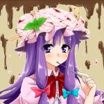 1girl blush bow food food_as_clothes hair_bow hat ice_cream ifuji_sakura long_hair mint_leaves mouth_hold patchouli_knowledge purple_hair solo touhou violet_eyes wafer_stick 