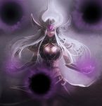  1girl breasts cleavage cleavage_cutout elbow_gloves energy_ball forehead_jewel gloves helmet highres la_ciero_(pixiv) league_of_legends long_hair pauldrons silver_hair solo syndra violet_eyes 