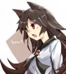 1girl animal_ears barking bei_mochi breasts brown_hair dress fang imaizumi_kagerou jewelry long_hair long_sleeves looking_at_another open_mouth red_eyes simple_background solo touhou white_background wolf_ears 