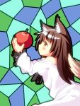  1girl animal_ears apple bare_shoulders blush breasts brown_hair fingernails food fruit highres holding holding_fruit imaizumi_kagerou long_hair looking_at_another open_mouth red_eyes solo tail touhou wolf_ears wolf_tail 