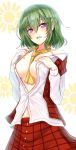  1girl ascot between_breasts breasts green_hair kazami_yuuka large_breasts looking_at_viewer midriff no_bra off_shoulder open_clothes open_mouth open_shirt open_vest pose skirt skirt_set solo sun touhou violet_eyes zeb_nakaichi 