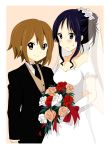  2girls akiyama_mio black_eyes black_hair bouquet brown_eyes brown_hair dress flower highres k-on! long_hair multiple_girls nikkezyoruno rose short_hair tainaka_ritsu tuxedo wedding wedding_dress yuri 