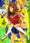  2014_fifa_world_cup 2girls ball blonde_hair breasts brown_eyes brown_hair cherryinthesun cleavage crop_top earrings green_eyes highres jewelry long_hair looking_at_viewer midriff multiple_girls open_mouth original shoes sneakers soccer soccer_ball soccer_uniform sportswear 