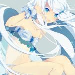  1girl \m/ bare_shoulders blue_eyes bow hair_bow hair_ornament hair_ribbon light_particles long_hair looking_away navel original red_string ribbon rinndouk silver_hair simple_background sitting solo string tagme wrist_cuffs 