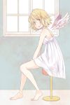  1girl angel_wings barefoot blonde_hair dress feet highres kagamine_rin legs messy_hair one-piece_swimsuit pafufu sitting solo stool swimsuit vocaloid white_dress window wings 