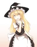  1girl :d apron black_dress blonde_hair bow braid dress gradient gradient_background hair_bow hand_to_own_mouth hat hat_bow kei_(zenryokutokkyu) kirisame_marisa large_bow long_hair looking_up open_mouth puffy_short_sleeves puffy_sleeves sash short_sleeves single_braid skirt_hold smile solo touhou turtleneck waist_apron witch witch_hat yellow_eyes 