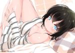  1girl black_hair blue_eyes breasts cleavage large_breasts looking_at_viewer nauribon original rough shirt short_hair smile solo striped striped_shirt 
