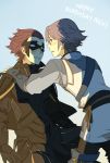  2boys ai-wa armor azur_(fire_emblem) blue_background blush brown_eyes clenched_teeth eye_contact fire_emblem fire_emblem:_kakusei grey_hair happy_birthday jerome_(fire_emblem) jewelry looking_at_another male mask multiple_boys redhead single_earring sweat yaoi 
