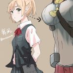 blonde_hair breasts brown_background directional_arrow flat_chest green_eyes kantai_collection large_breasts munakata_(hisahige) ponytail short_hair simple_background 
