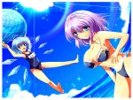  2girls arms_up bikini blue_bikini blue_eyes blue_hair blue_sky bow breasts cirno cleavage clouds collarbone fisheye flat_chest flying hair_bow highres ice ice_wings large_breasts lens_flare letty_whiterock looking_at_viewer multiple_girls nekominase open_mouth purple_hair school_swimsuit side-tie_bikini sky smile swimsuit touhou water wings 