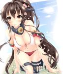  1girl adapted_costume akairo_no_mako bikini brown_eyes brown_hair cherry_blossoms flower hair_flower hair_ornament highres kantai_collection long_hair personification ponytail single_thighhigh swimsuit thigh-highs thigh_strap yamato_(kantai_collection) 