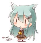  1girl animal_ears aqua_hair blush chibi gasuto_(kamikami) green_hair hair_ornament hairclip kantai_collection long_hair simple_background skirt solo suzuya_(kantai_collection) twitter_username white_background |_| 