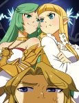  blonde_hair blue_eyes crossed_arms green_eyes green_hair hat jewelry kid_icarus link long_hair necklace nintendo palutena pointy_ears princess_zelda skyward_sword smile super_smash_bros. the_legend_of_zelda 