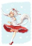  1girl animal_ears bare_shoulders blush breasts detached_sleeves geta hat highres inubashiri_momiji looking_at_viewer open_mouth pom_pom_(clothes) red_eyes short_hair silver_hair solo tail tokin_hat tongue tongue_out touhou wolf_ears wolf_tail 