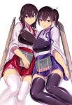  2girls absurdres akagi_(kantai_collection) armor asymmetrical_hair black_hair black_legwear blush brown_hair hakaba_(dairiseki) highres japanese_clothes kaga_(kantai_collection) kantai_collection long_hair looking_at_viewer multiple_girls muneate personification shiny shiny_clothes side_ponytail tasuki thigh-highs white_legwear 