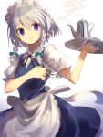  1girl apron blue_dress blue_eyes cup dress hair_between_eyes highres holding_knife izayoi_sakuya looking_at_viewer maid_apron maid_headdress puffy_short_sleeves puffy_sleeves short_hair short_sleeves silver_hair smile solo standing teacup teapot touhou yusano 