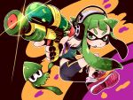  amagaeru_(hylathewet) green_eyes green_hair gun headphones highres inkling long_hair nintendo splatoon squid twintails weapon 