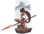  1boy 1girl animal_ears armor braid breasts brown_eyes brown_hair cabalpz cleavage highres league_of_legends long_hair nidalee polearm ponytail rengar spear spikes tribal weapon white_hair 