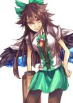  1girl adapted_costume arm_cannon bow brown_hair cape eyelashes feathered_wings green_skirt hair_between_eyes hair_ribbon leaning_forward looking_at_viewer maware_maware miniskirt pantyhose puffy_short_sleeves puffy_sleeves red_eyes reiuji_utsuho ribbon shirt short_sleeves skirt smile solo standing third_eye tight_shirt touhou weapon white_shirt wings 