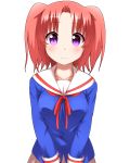  1girl blush breast_squeeze breasts faubynet highres looking_at_viewer mikakunin_de_shinkoukei redhead school_uniform serafuku short_hair simple_background smile solo two_side_up v_arms violet_eyes white_background yonomori_kobeni 