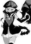  1girl black_rock_shooter clenched_hand highres hood hoodie mechanical_arm monochrome rogia short_hair solo strength_(black_rock_shooter) tail thigh-highs white_hair 