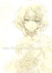  1girl bare_shoulders blue_eyes blush bouquet breasts brown_hair dress elbow_gloves flower fujieda_miyabi gloves green_eyes hair_ornament happy_birthday heterochromia highres idolmaster idolmaster_cinderella_girls looking_at_viewer mole open_mouth short_hair smile solo takagaki_kaede wedding_dress 