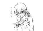  1girl bandaid border_break bust character_request collarbone graphite_(medium) greyscale harumachi_nagaaki monochrome open_mouth ponytail simple_background solo sweat tank_top traditional_media white_background 