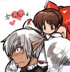  1boy 1girl armor blush bow brown_eyes brown_hair buront crossover detached_sleeves final_fantasy final_fantasy_xi hair_bow hair_ribbon hair_tubes hakurei_reimu long_hair momo&amp;a open_mouth pointy_ears red_eyes ribbon short_hair silver_hair sweatdrop the_iron_of_yin_and_yang touhou wakaba23 