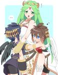  black_hair blue_eyes brown_hair dark_pit green_eyes green_hair hug jewelry kid_icarus long_hair musical_note necklace nintendo palutena pit_(kid_icarus) riomario smile tiara very_long_hair wings 