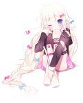  1girl blue_eyes blush bow character_name gradient_eyes hair_bow hair_ornament hair_ribbon ia_(vocaloid) long_hair looking_at_viewer multicolored_eyes one_eye_closed ribbon simple_background sitting solo tagme tears uttao vocaloid white_background white_hair wink 