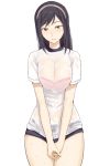  1girl black_hair blush bra breast_squeeze breasts brown_eyes buruma full-face_blush gym_uniform hairband hands_together large_breasts long_hair looking_at_viewer ogros pink_bra see-through simple_background solo sweat sweating sweating_profusely underwear wet wet_clothes wet_shirt white_background 