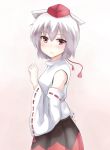  1girl animal_ears bare_shoulders blush breasts detached_sleeves hat inubashiri_momiji looking_at_viewer pom_pom_(clothes) red_eyes short_hair silver_hair solo tears tokin_hat touhou wolf_ears 
