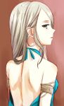  1girl absurdres aqua_eyes back bare_shoulders blonde_hair earrings highres jewelry koyaya looking_back original profile simple_background solo 