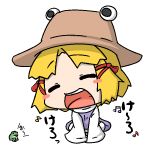  1girl blonde_hair blush_stickers closed_eyes frog hat inunoko. moriya_suwako musical_note pyonta smile touhou translation_request zun_hat 