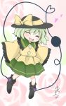  1girl ^_^ bow chibi closed_eyes gradient gradient_background green_hair hat hat_bow hat_ribbon highres komeiji_koishi open_mouth outstretched_arms ribbon rough shoes short_hair signature simple_background smile solo spread_arms tagme third_eye touhou yuzuna99 
