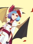  1girl alternate_costume arms_at_sides atg_(wttoo0202) bat_wings black_gloves bow cape clenched_hands flower gloves hat hat_bow hat_ornament lavender_hair looking_at_viewer petals red_eyes red_rose remilia_scarlet rose short_hair smile solo touhou white_clothes wings 