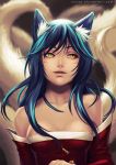  1girl ahri animal_ears bare_shoulders blue_hair breasts cleavage detached_sleeves facial_mark fox_ears fox_tail league_of_legends long_hair multiple_tails solo tail watermark whisker_markings yellow_eyes yuuza 
