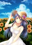  1girl agano_(kantai_collection) alternate_costume black_hair blush breasts cleavage flower green_eyes hat highres kantai_collection large_breasts long_hair looking_at_viewer open_mouth smile solo sun_hat sunflower white_s 