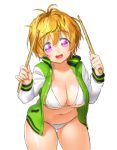  1girl bikini blonde_hair breasts cleavage drumsticks jacket large_breasts leaning_forward looking_at_viewer nitroplus onsoku_maru short_hair simple_background smile solo string_bikini swimsuit thighs violet_eyes watanuki_fuuri white_background white_bikini white_swimsuit 