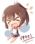  &gt;_&lt; 1girl bare_shoulders blush brown_hair chibi gasuto_(kamikami) i-401_(kantai_collection) kantai_collection one-piece_swimsuit open_mouth ponytail school_swimsuit school_uniform short_hair short_ponytail smile solo swimsuit 