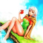  1girl amber_eyes apple arm_support barefoot blue_sky braid cloak clouds cloudy_sky dragon&#039;s_crown dutch_angle elf elf_(dragon&#039;s_crown) feet_in_water food fruit grass hood kokounooyazi legs long_hair no_lineart open_mouth outdoors pointy_ears sitting sky soaking_feet solo thighs twin_braids water wet 
