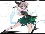  1girl fighting_stance green_eyes hair_ribbon katana konpaku_youmu konpaku_youmu_(ghost) letterboxed puffy_short_sleeves puffy_sleeves ribbon shirt short_sleeves silver_hair skirt skirt_set solo sword torn_clothes torn_skirt touhou vest weapon zeb_nakaichi 