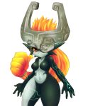  1girl clenched_hand fang helmet highres imp long_hair mato_spectoru midna neon_trim no_nipples nude one_eye_covered pointy_ears prehensile_hair red_eyes small_breasts smile solo the_legend_of_zelda twilight_princess yellow_sclera 