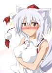  1girl animal_ears bare_shoulders blush breast_hold breasts embarrassed hat inubashiri_momiji large_breasts looking_at_viewer pom_pom_(clothes) red_eyes short_hair silver_hair simple_background solo sumikaze_midi tail tokin_hat touhou white_background wolf_ears wolf_tail 