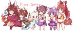  6+girls ahoge animal_ears asymmetrical_hair bell black_eyes black_hair blush bow bowl brown_hair cat_ears cat_hair_ornament cat_tail chain character_name chibi cow_bell cow_ears cow_horns cow_tail cuffs fang flower food fox_ears fox_tail hair_ornament hairclip horns japanese_clothes kaenuco kimono lantern leaf long_hair magatama meat multiple_girls multiple_tails open_mouth original ponytail purple_hair rabbit_ears redhead ribbon rice_bowl shackles short_hair side_ponytail sitting smile sweat tail tiger_ears tiger_tail white_hair 